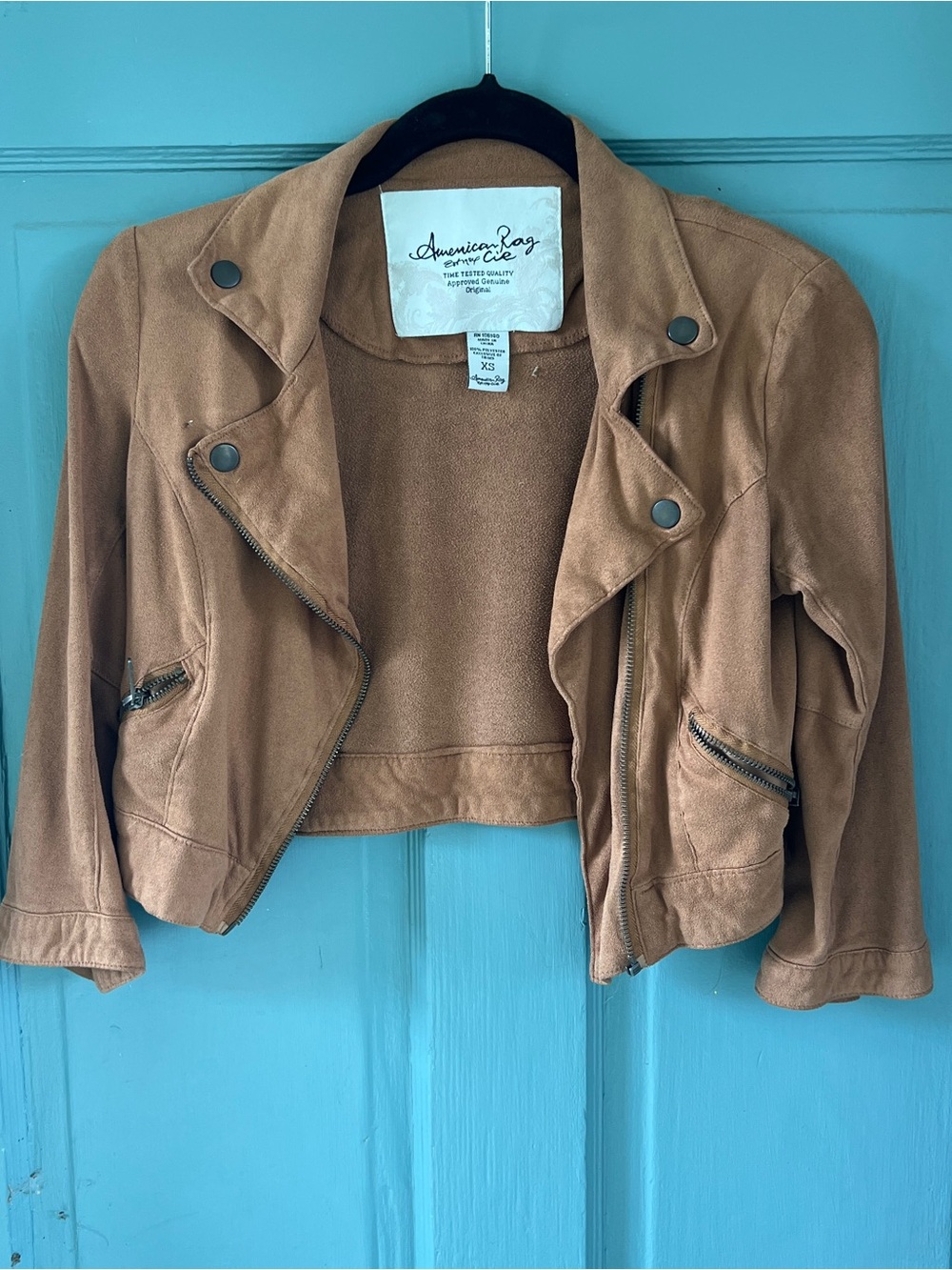 Juniors American Rag Tan Faux Suede Cropped Zippered Moto Jacket Size XS